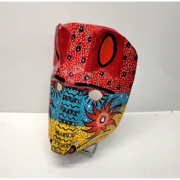 Handmade Carved Wood Cat Mask Jaguar Leopard Guatemala Mexico Folk Art Vintage - Picture 11 of 16